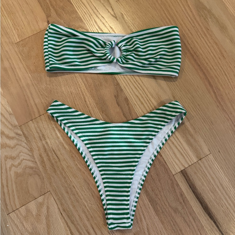 Green and White Striped Bikini Set